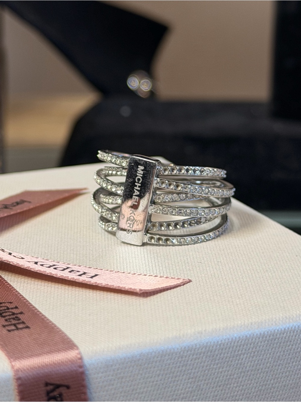 Michael Kors Silver-Tone Multi-Row Crystal Wrap Ring Sz8